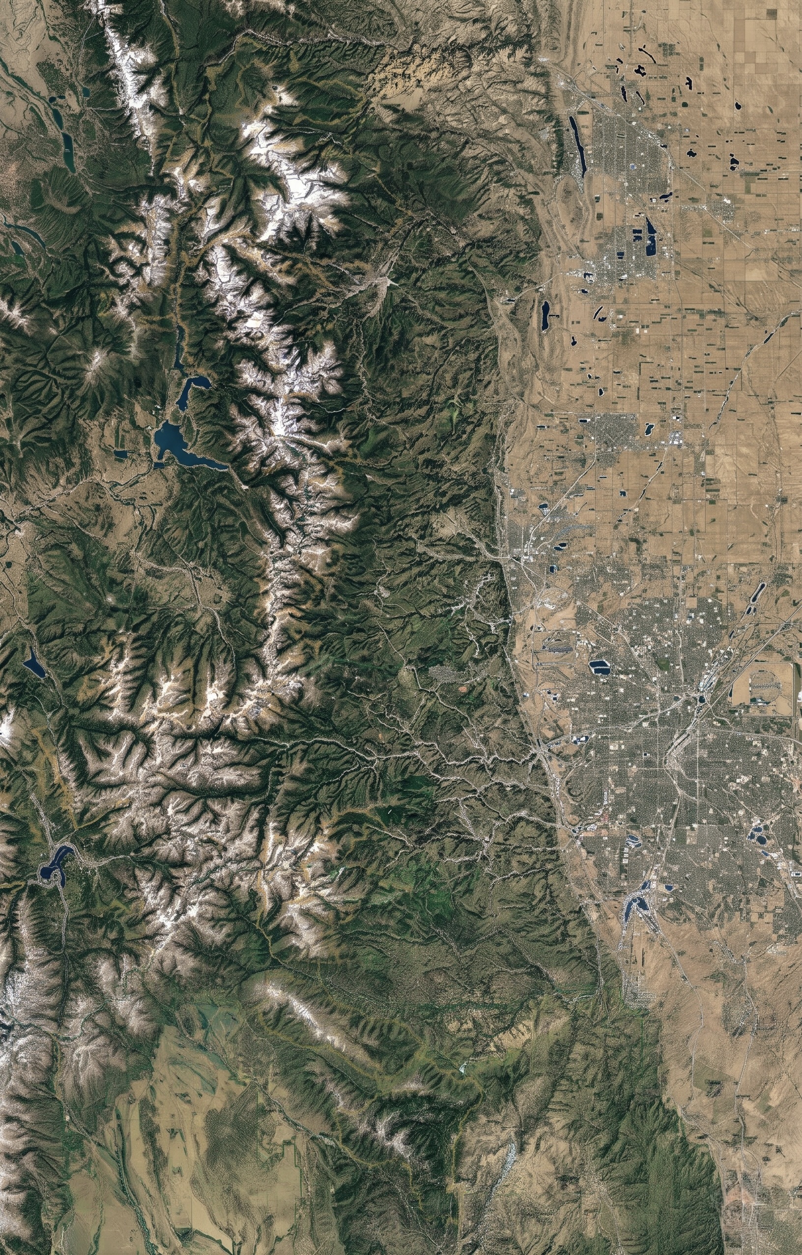 Satellite image of the Colorado Front Range corridor, where the Rocky Mountains meet the high plains.
